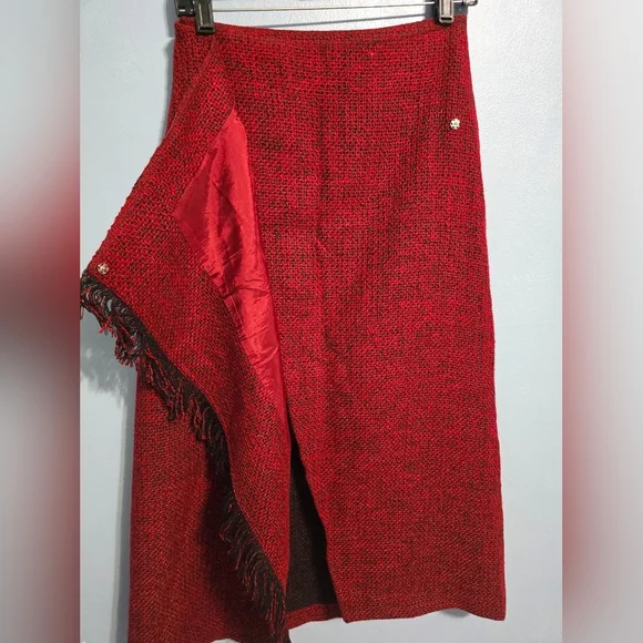 Butterfly Red Tweed Wrap Fringe Skirt S - Picture 6 of 9